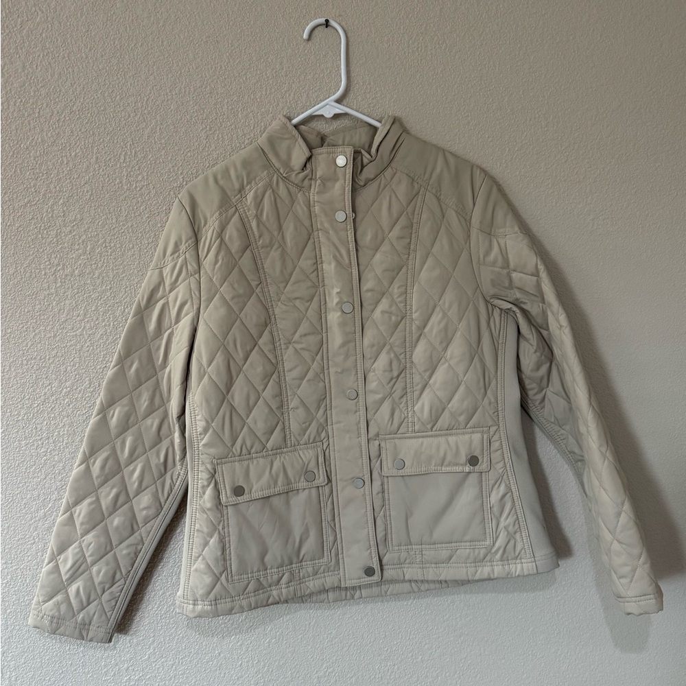 And Away Women’s Large Quilted Jacket Tan Neutral Lightweight Snap Front Coat